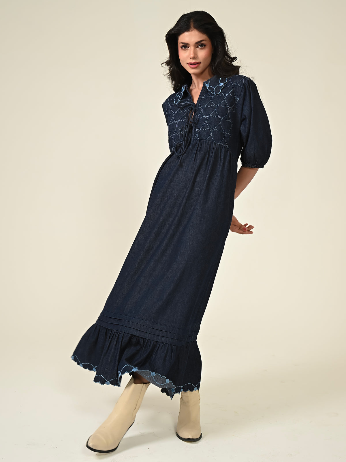 Jay Indigo Denim Embroidered Midi Dress