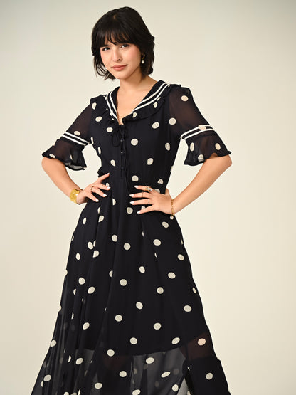 Audrey Navy Polka Print Collar Detail Maxi Dress