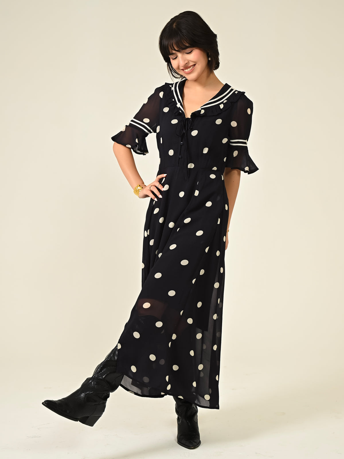 Audrey Navy Polka Print Collar Detail Maxi Dress