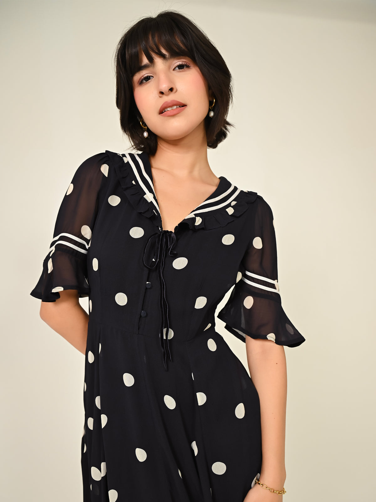 Audrey Navy Polka Print Collar Detail Maxi Dress