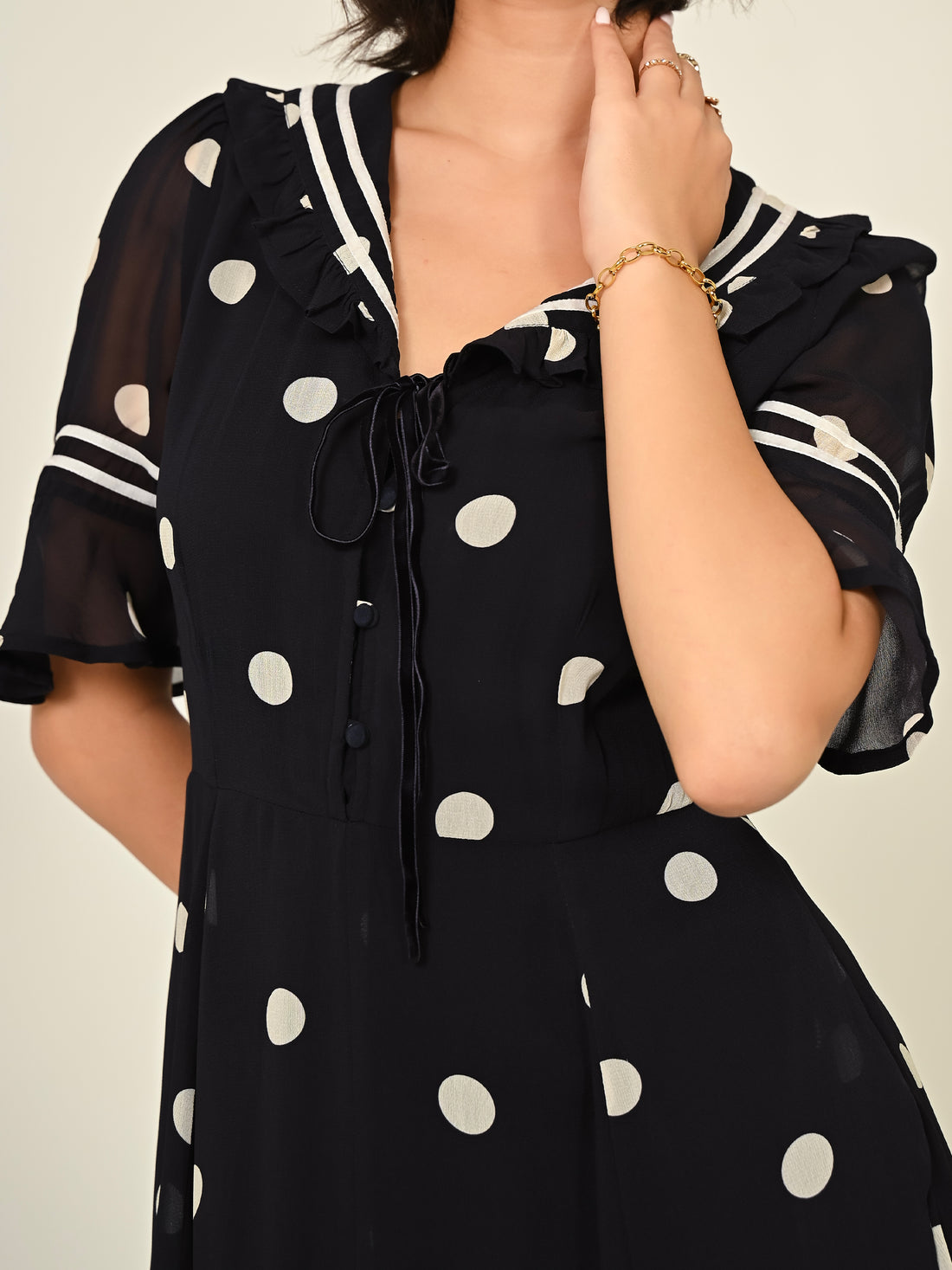 Audrey Navy Polka Print Collar Detail Maxi Dress