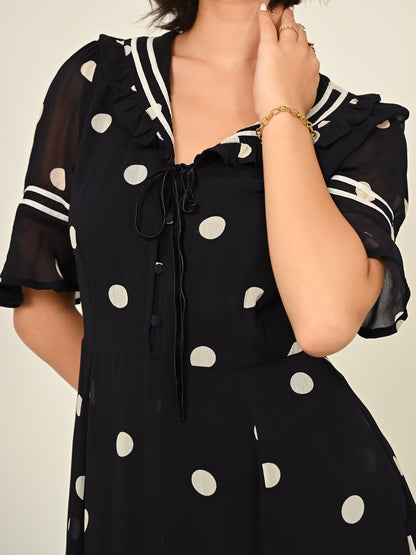 Audrey Navy Polka Print Collar Detail Maxi Dress