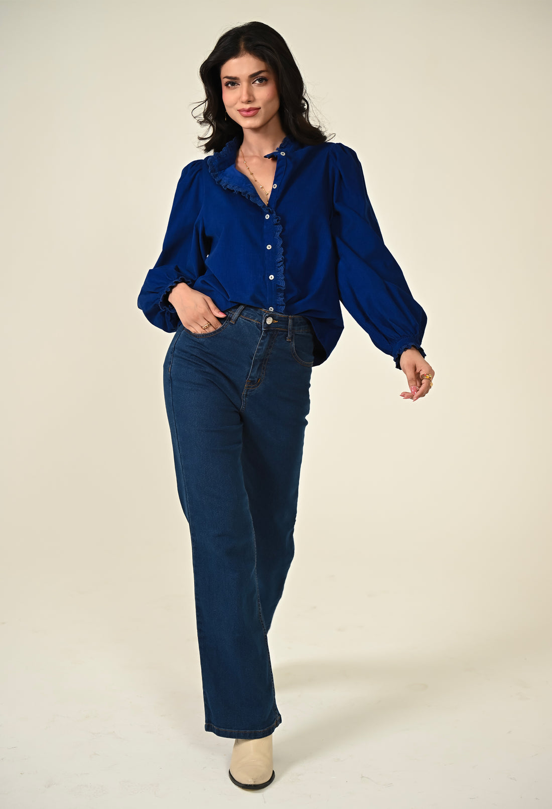 Nerys Blue Cord Embroidered Frill Blouse