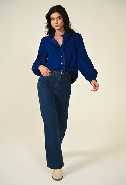 Nerys Blue Cord Embroidered Frill Blouse