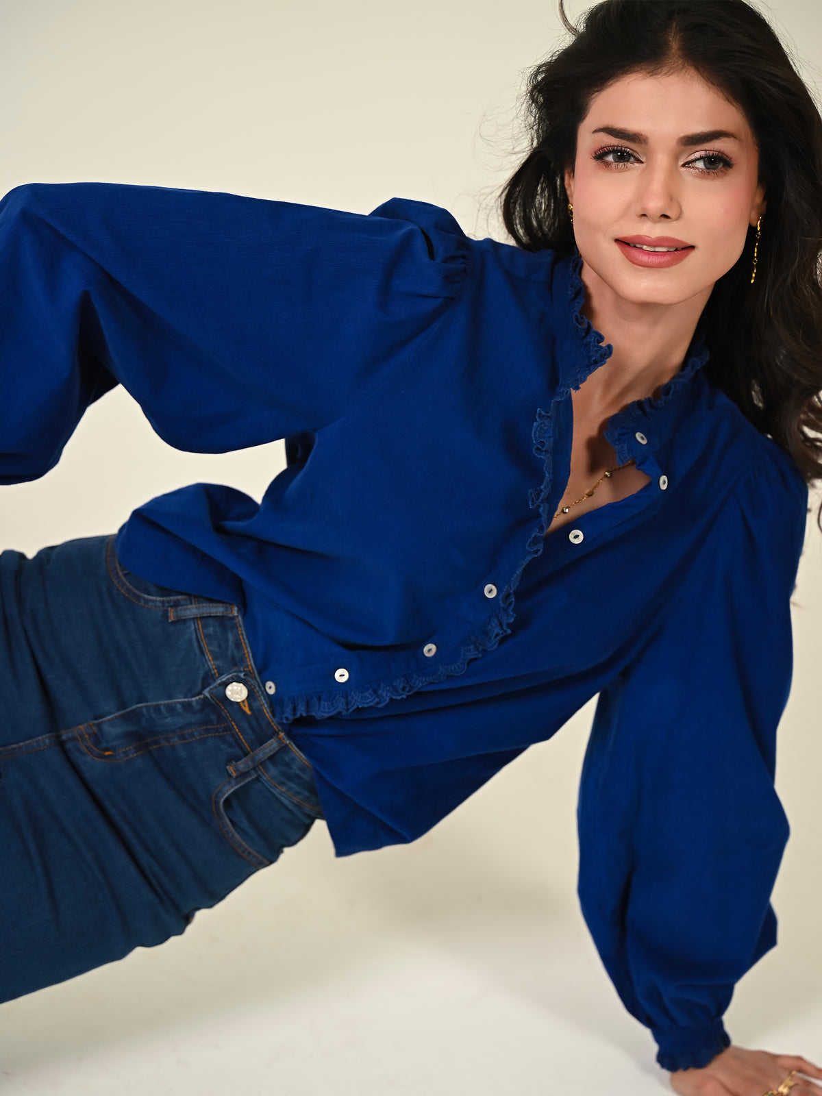 Nerys Blue Cord Embroidered Frill Blouse