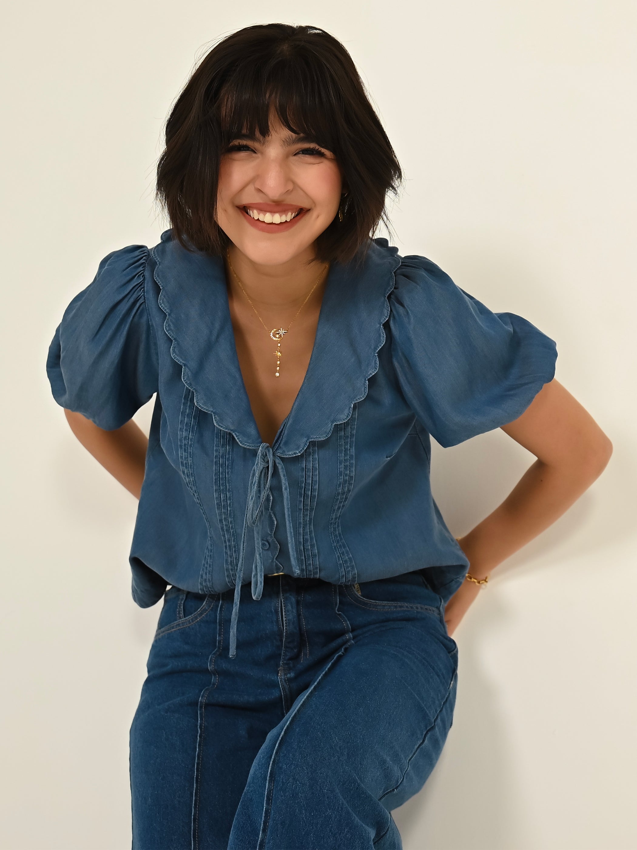 Olive Blue Denim Tencel Collar Blouse