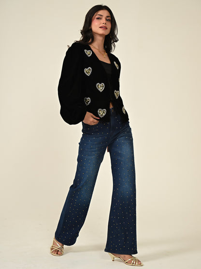 Rosheen Black Velvet Hand Embellished Heart Tie Front Top