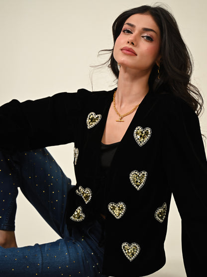 Rosheen Black Velvet Hand Embellished Heart Tie Front Top