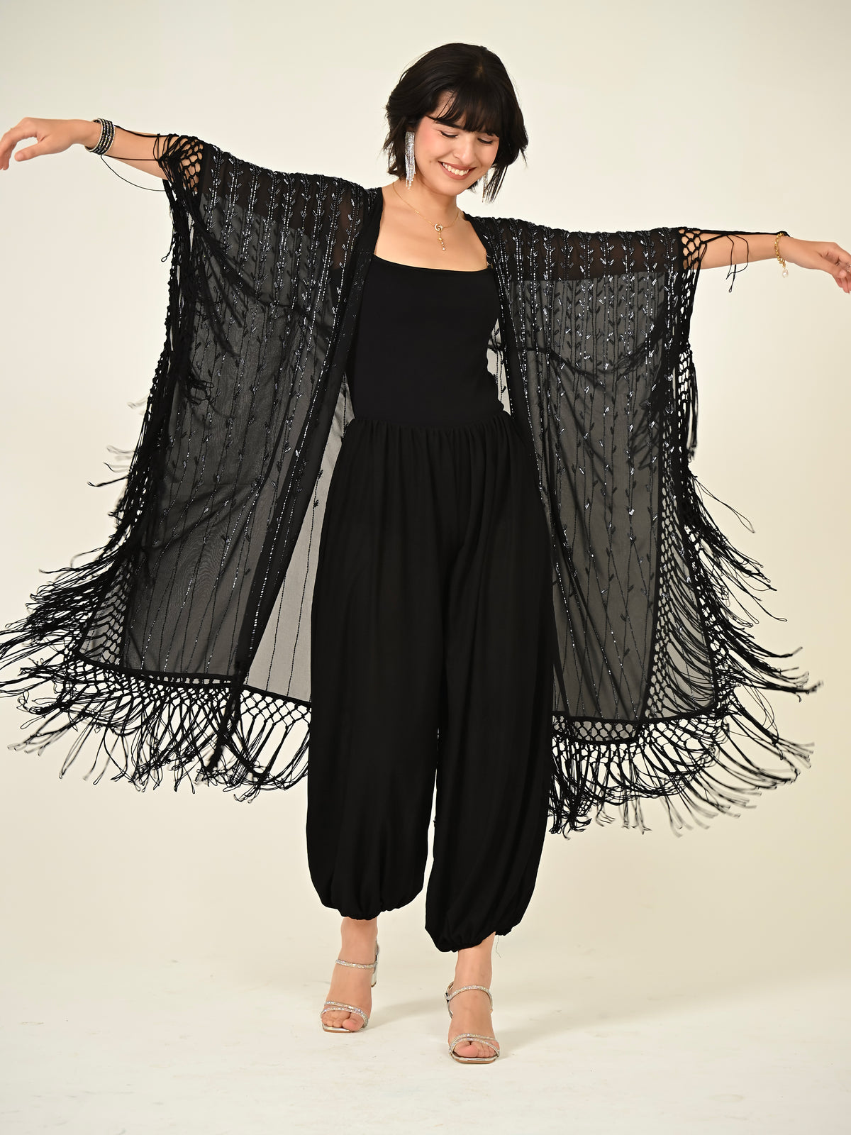 Fi Black Statement Hand Embellished Fringe Trim Kimono