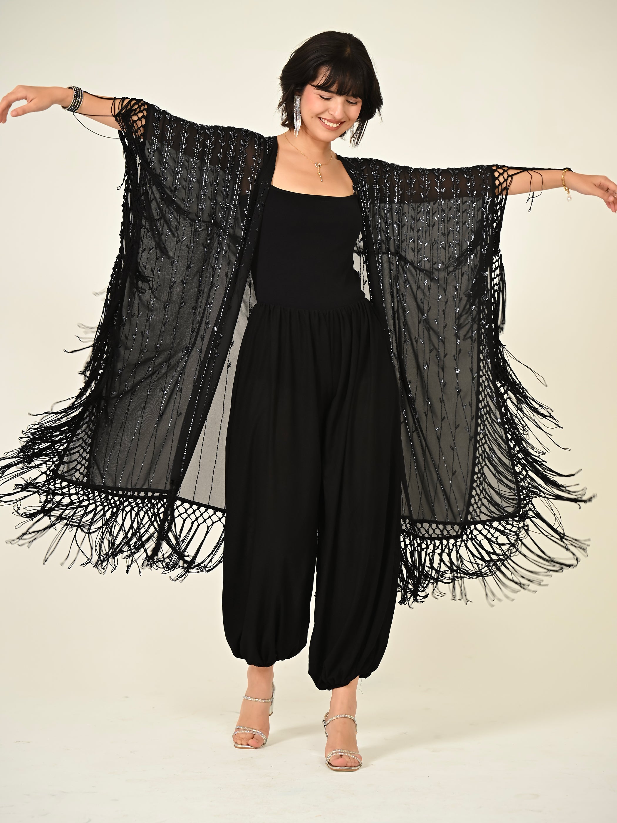 Fi Black Statement Hand Embellished Fringe Trim Kimono