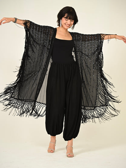 Fi Black Statement Hand Embellished Fringe Trim Kimono