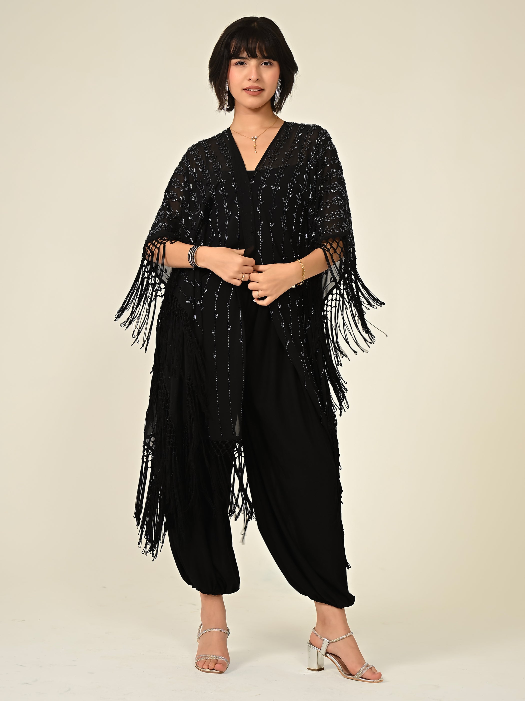 Fi Black Statement Hand Embellished Fringe Trim Kimono