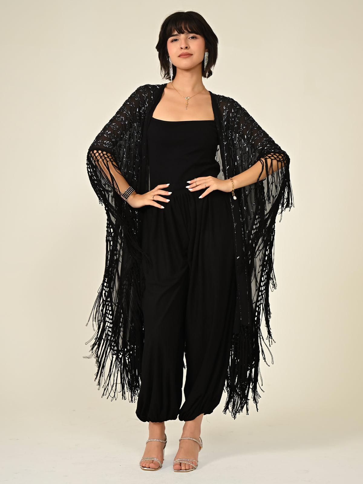 Fi Black Statement Hand Embellished Fringe Trim Kimono