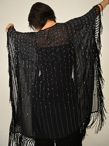 Fi Black Statement Hand Embellished Fringe Trim Kimono