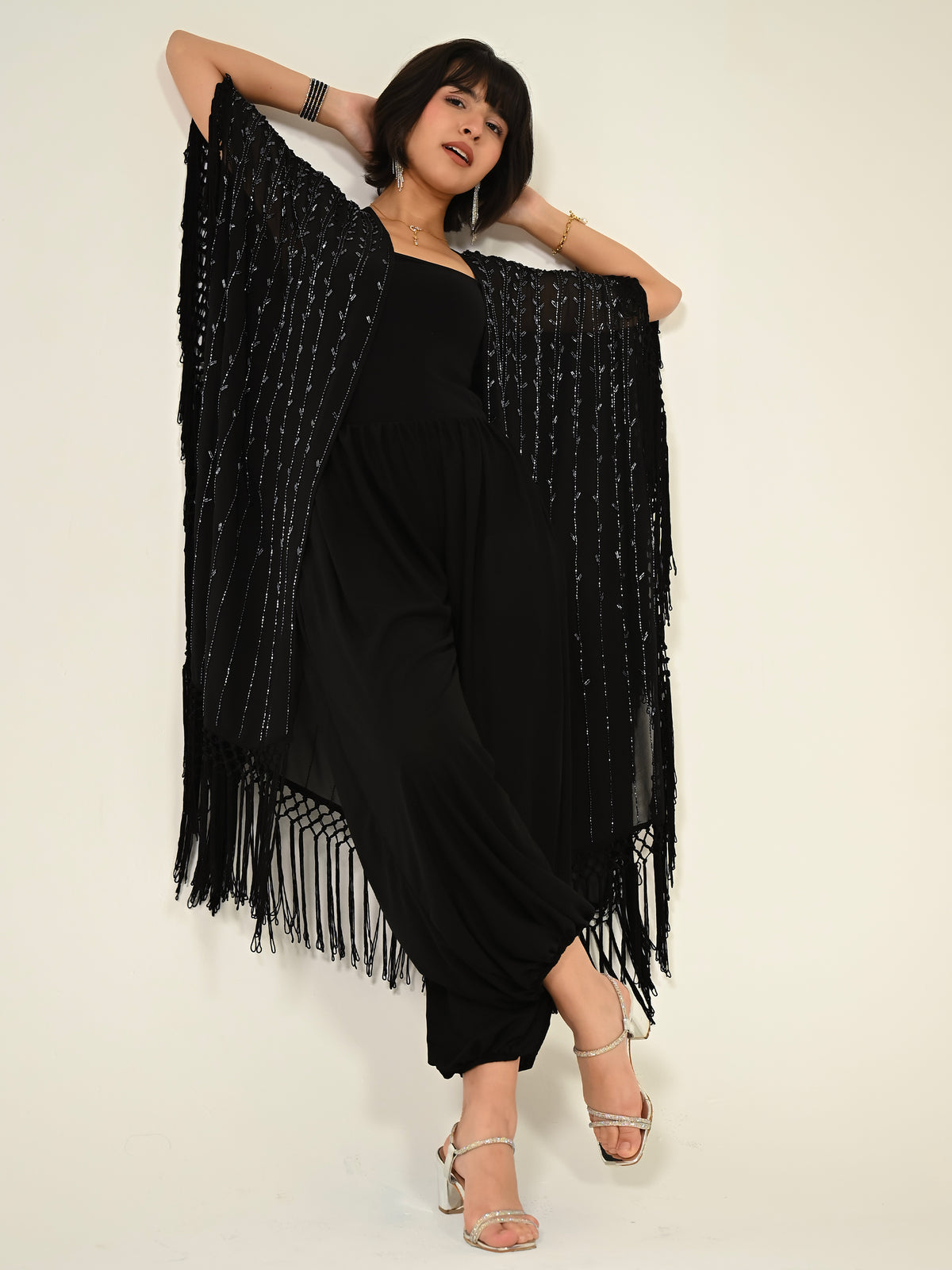 Fi Black Statement Hand Embellished Fringe Trim Kimono