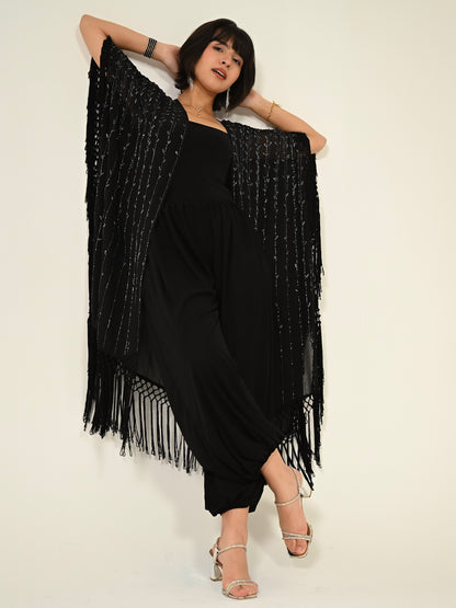 Fi Black Statement Hand Embellished Fringe Trim Kimono