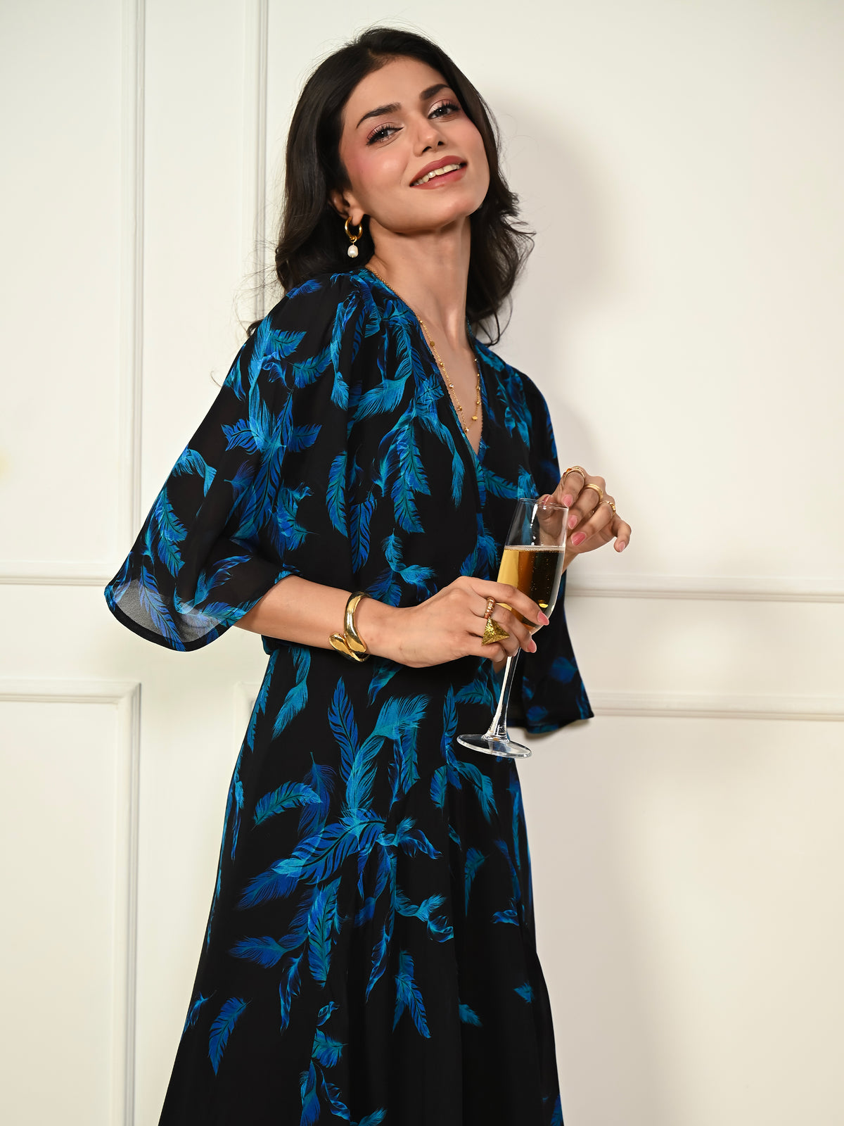 Talia Black Feather Print Maxi Dress