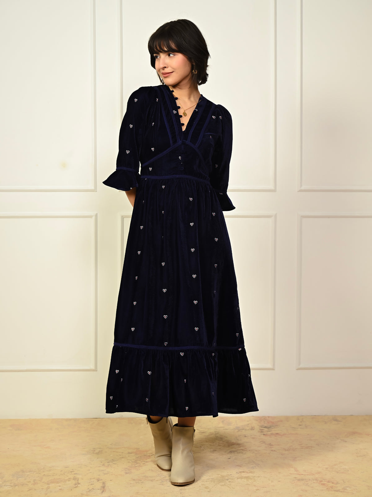 Gisele Indigo Blue Embroidered Velvet Midi Dress