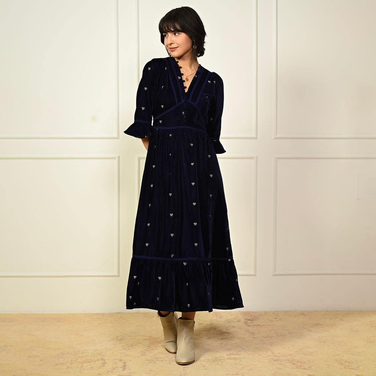 Giselle Burgundy Embroidery Velvet Midi Dress