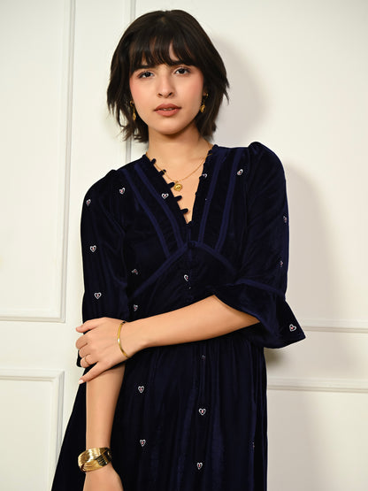 Gisele Indigo Blue Embroidered Velvet Midi Dress