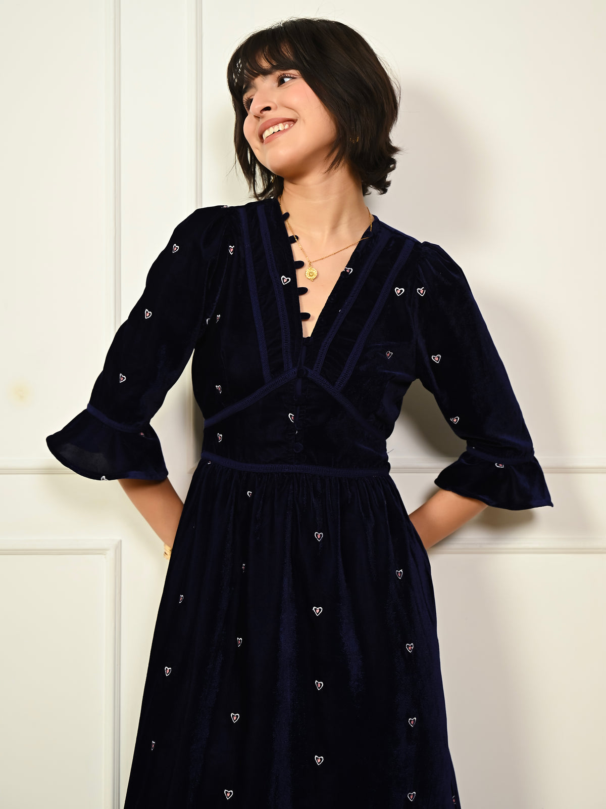 Gisele Indigo Blue Embroidered Velvet Midi Dress