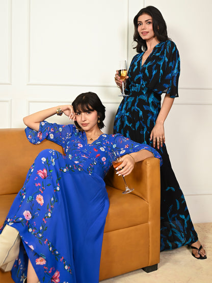 Talia Black Feather Print Maxi Dress