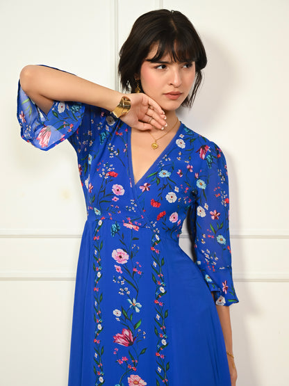 Tory Blue Botanical Floral Border Print Maxi Dress