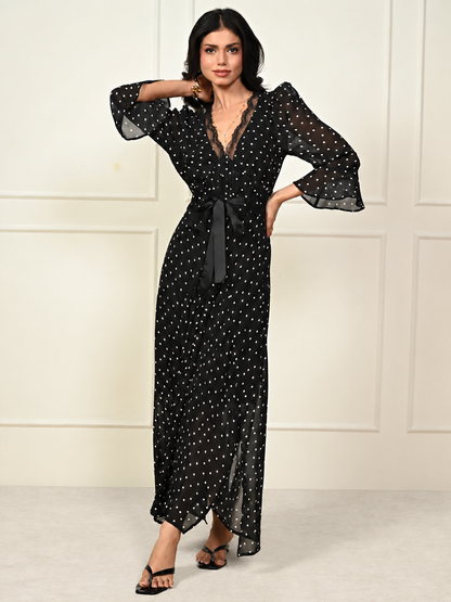 Chloe Black Polka Dot Lace Trim Tie Waist Maxi Dress