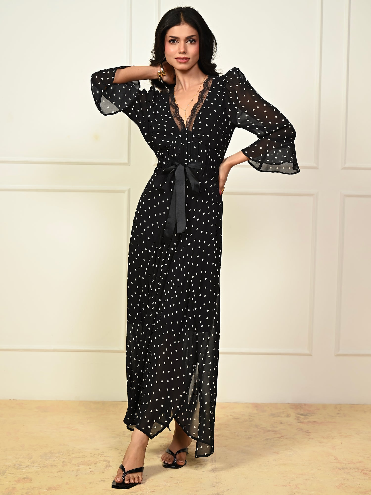 Chloe Black Polka Dot Lace Trim Tie Waist Maxi Dress