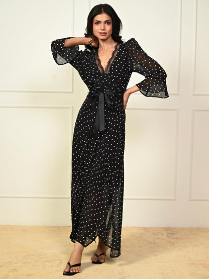 Chloe Black Polka Dot Lace Trim Tie Waist Maxi Dress