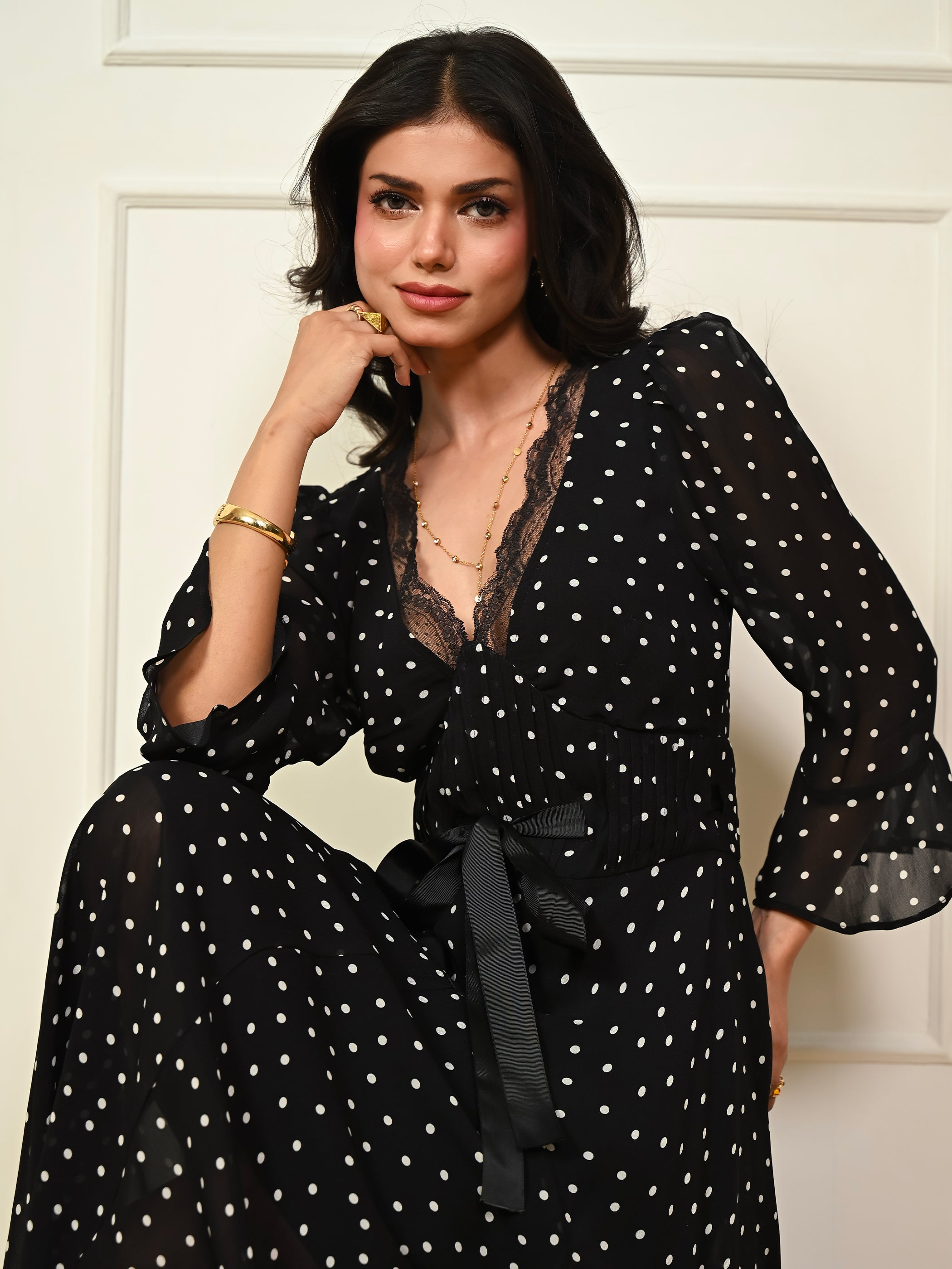 Chloe Black Polka Dot Lace Trim Tie Waist Maxi Dress