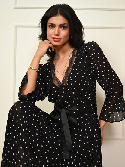 Chloe Black Polka Dot Lace Trim Tie Waist Maxi Dress