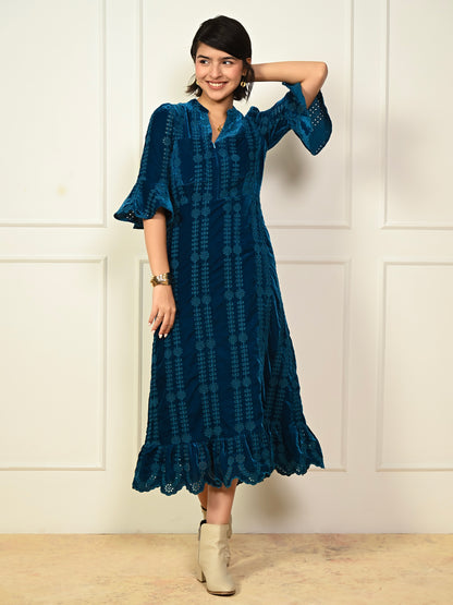 Cat Teal Embroidered Velvet Midi Dress