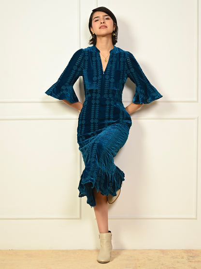 Cat Teal Embroidered Velvet Midi Dress