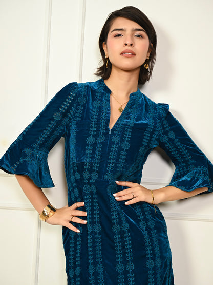 Cat Teal Embroidered Velvet Midi Dress