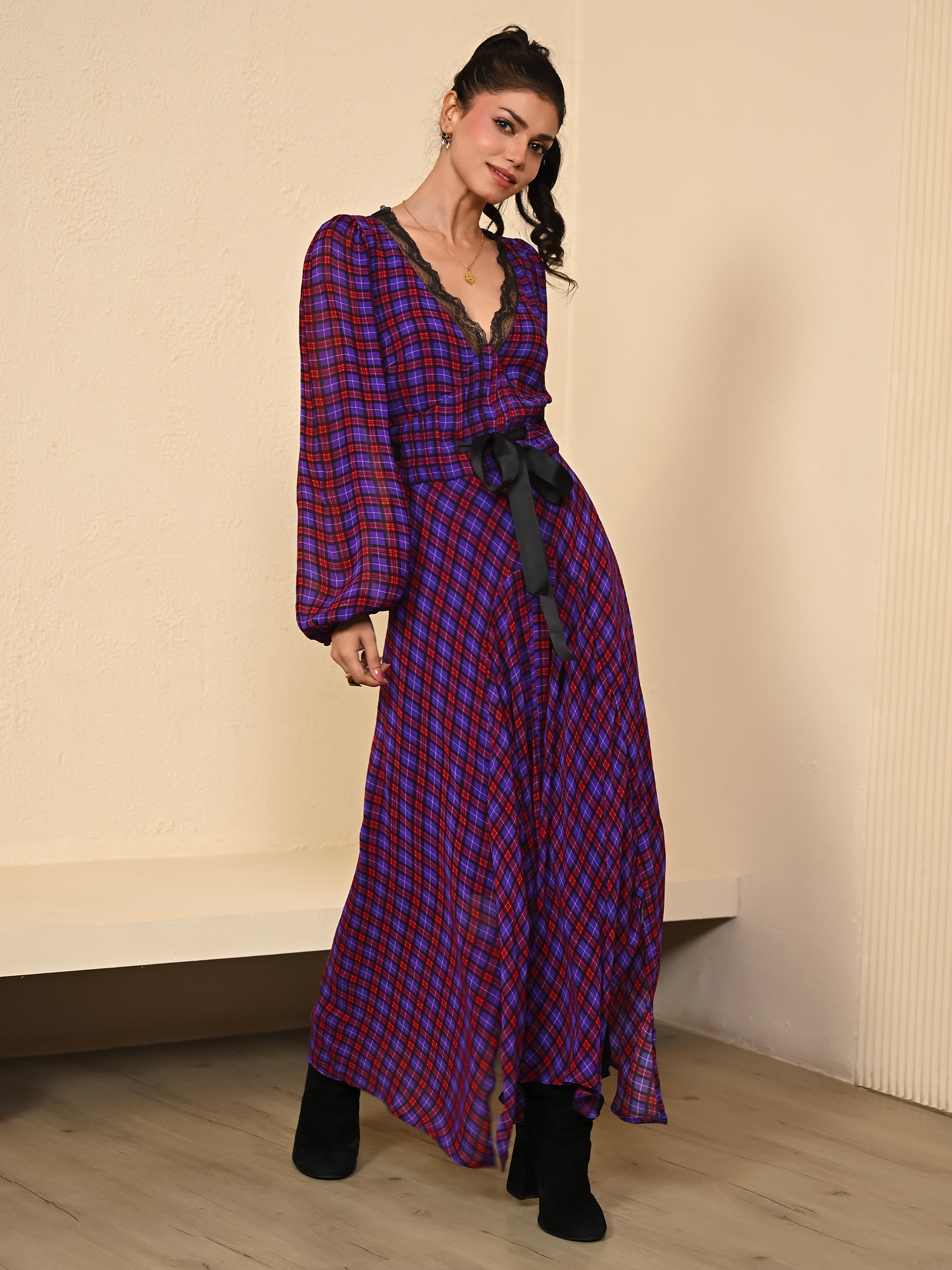 Chloe Check Lace Trim Tie Waist Maxi Dress