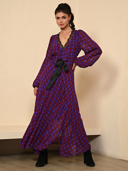 Chloe Check Lace Trim Tie Waist Maxi Dress