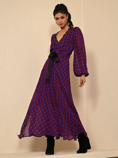 Chloe Check Lace Trim Tie Waist Maxi Dress