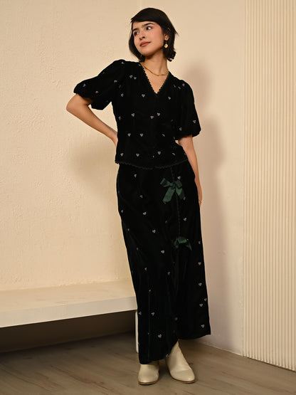 Illy Green Embroidered Heart Velvet Top