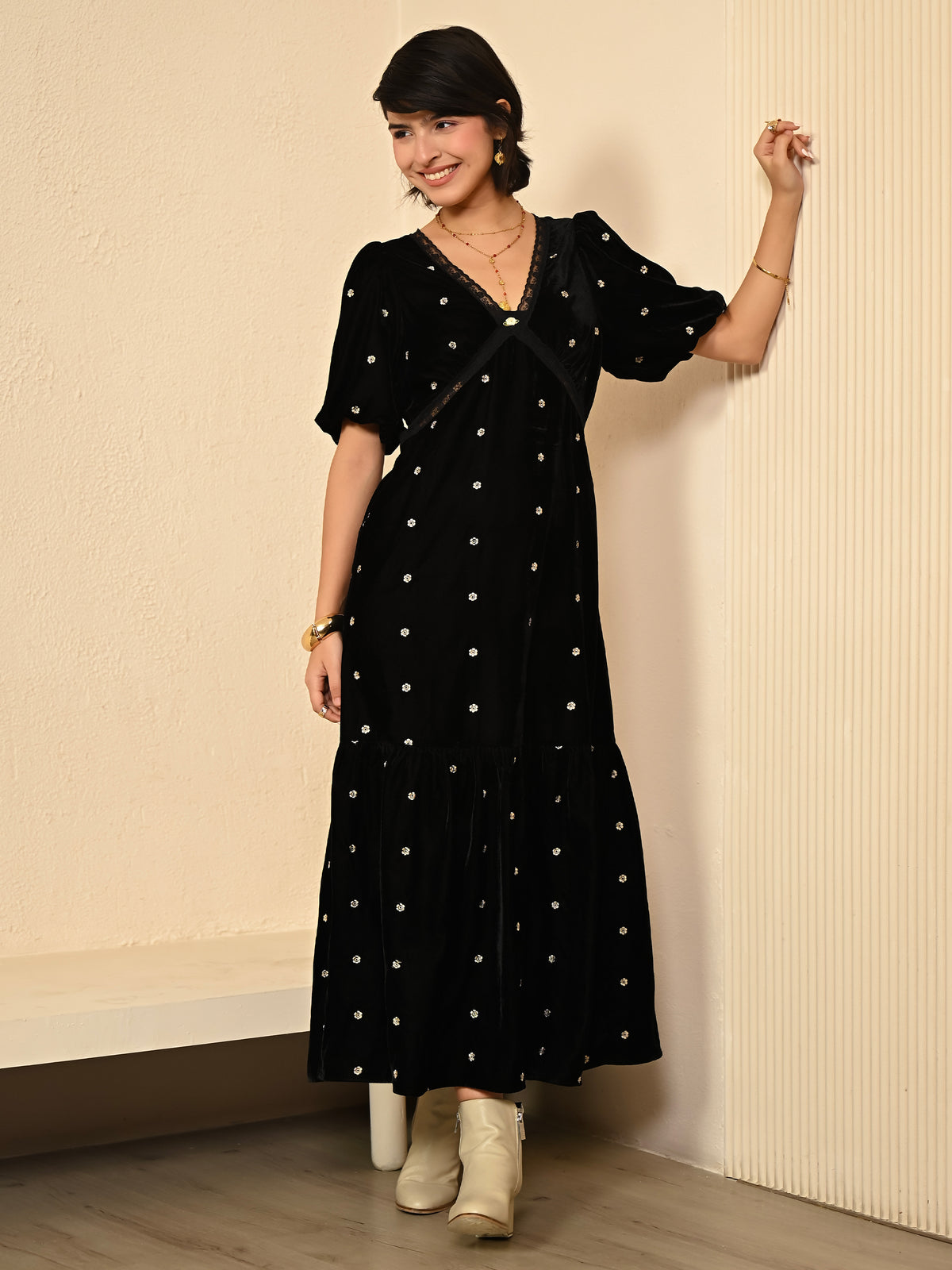 Molly Black Lace Embroidered Velvet Midi Dress