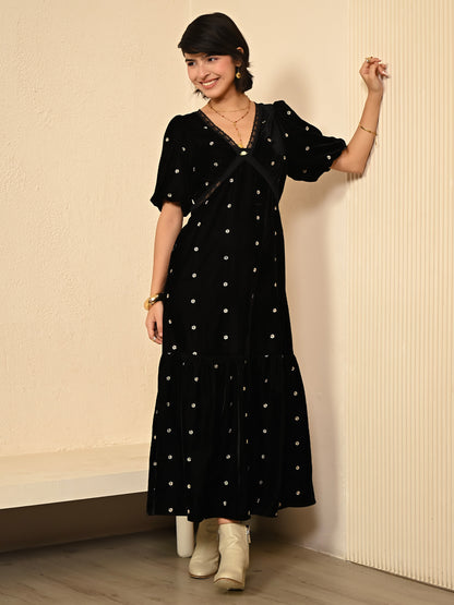 Molly Black Lace Embroidered Velvet Midi Dress