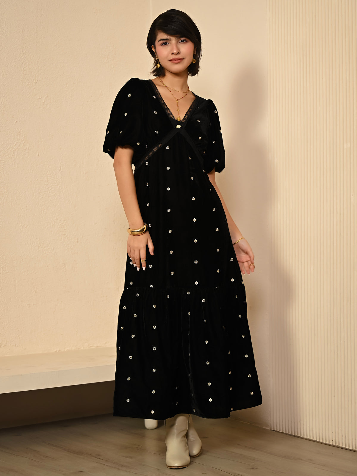 Molly Black Lace Embroidered Velvet Midi Dress