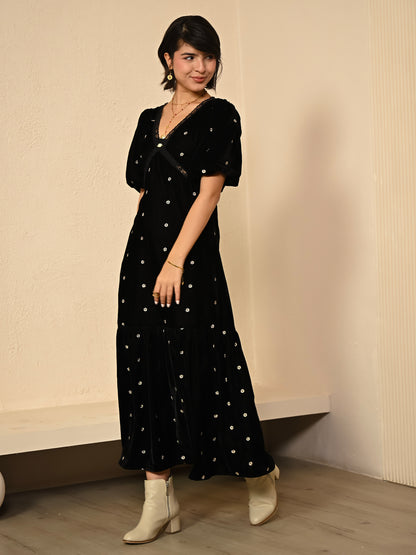 Molly Black Lace Embroidered Velvet Midi Dress