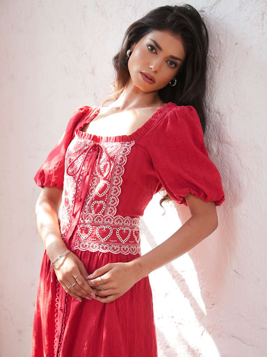 Harri Red And White Cotton Heart Embroidery Short Sleeve Maxi Dress
