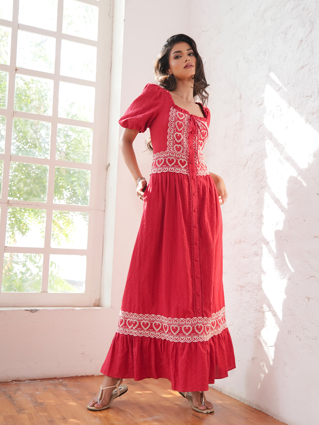 Harri Red And White Cotton Heart Embroidery Short Sleeve Maxi Dress