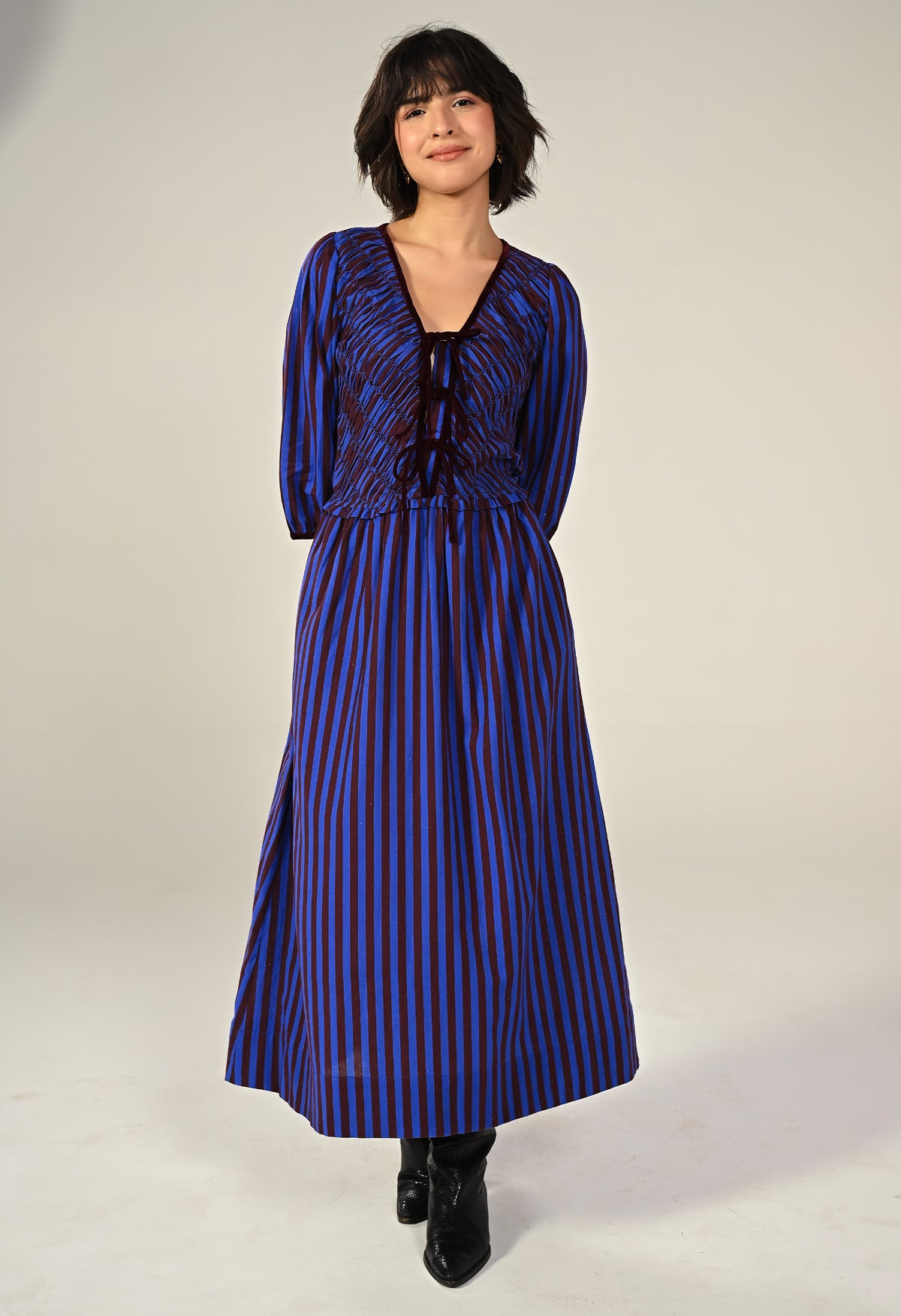 Isla Hand Smocked Blue And Burgundy Stripe Midi Dress