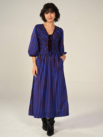 Isla Hand Smocked Blue And Burgundy Stripe Midi Dress