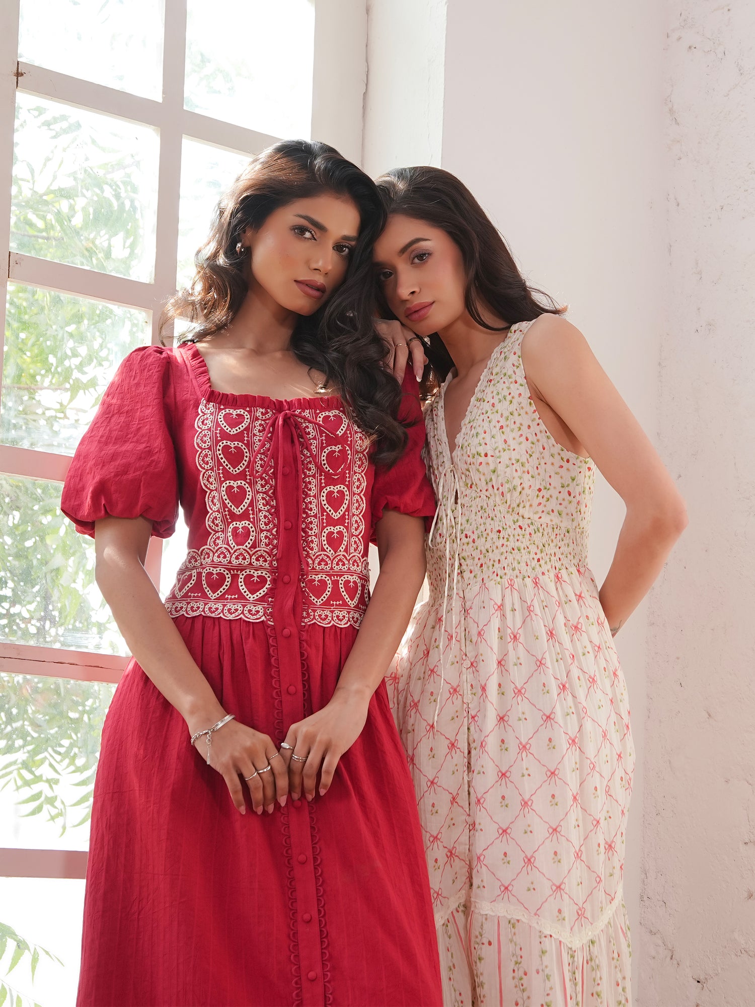 Harri Red And White Cotton Heart Embroidery Short Sleeve Maxi Dress