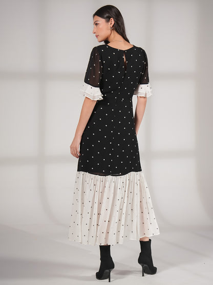 Saphi Black and White Pindot Spot Midi Dress
