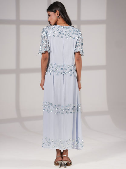 Morena Soft Blue Hand Embellished Midi Dress